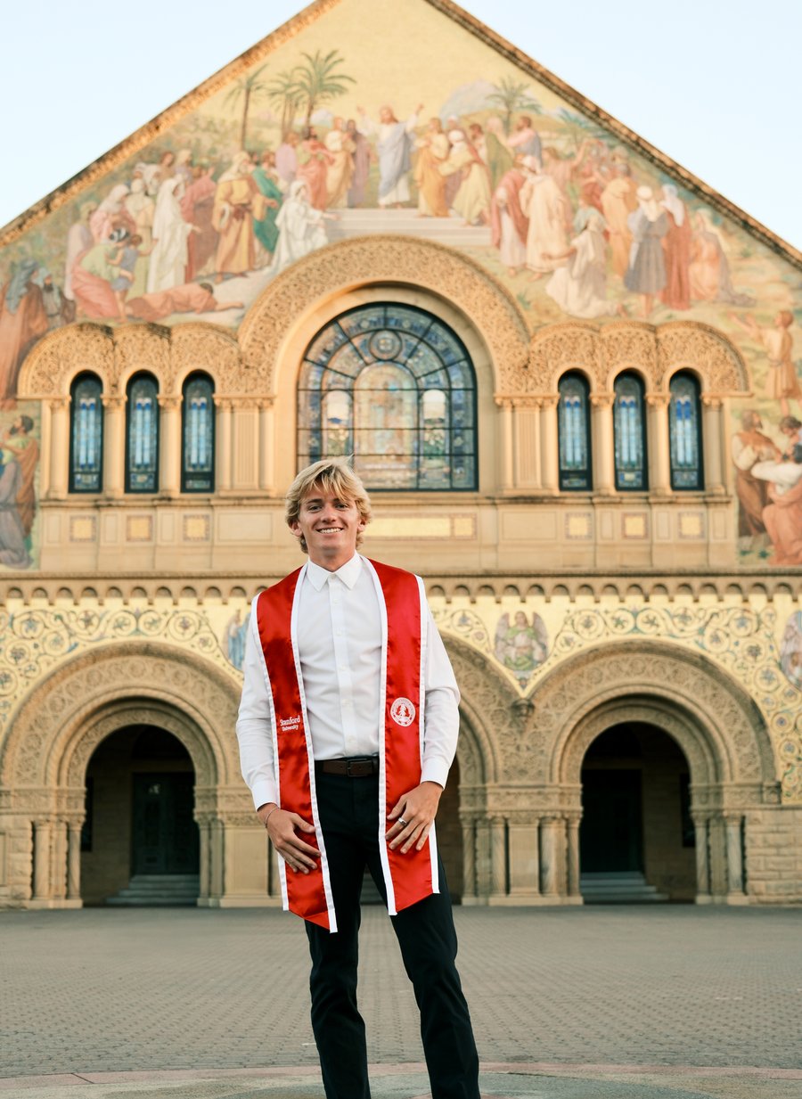 Zane Bergen in front of Memorial Church at Stanford
