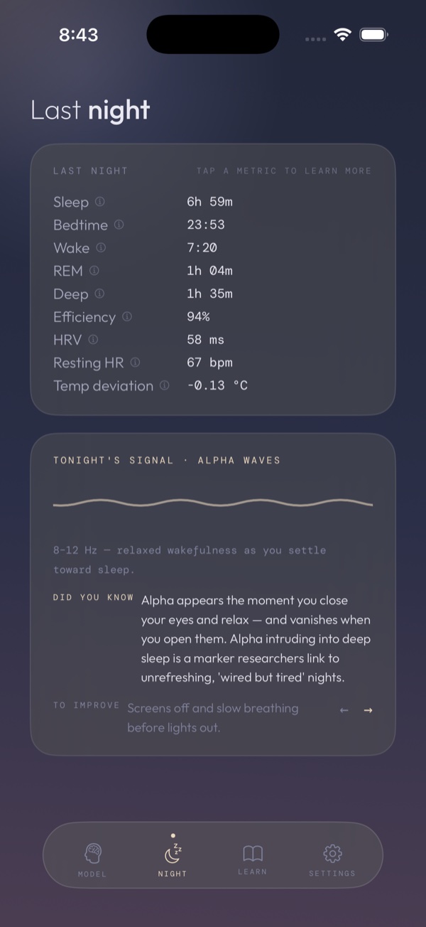 Nightbrain's last-night view: sleep metrics and tonight's signal