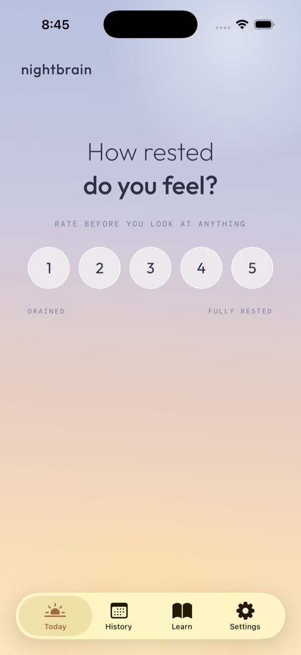 Nightbrain's morning screen asking how rested you feel, with buttons one through five